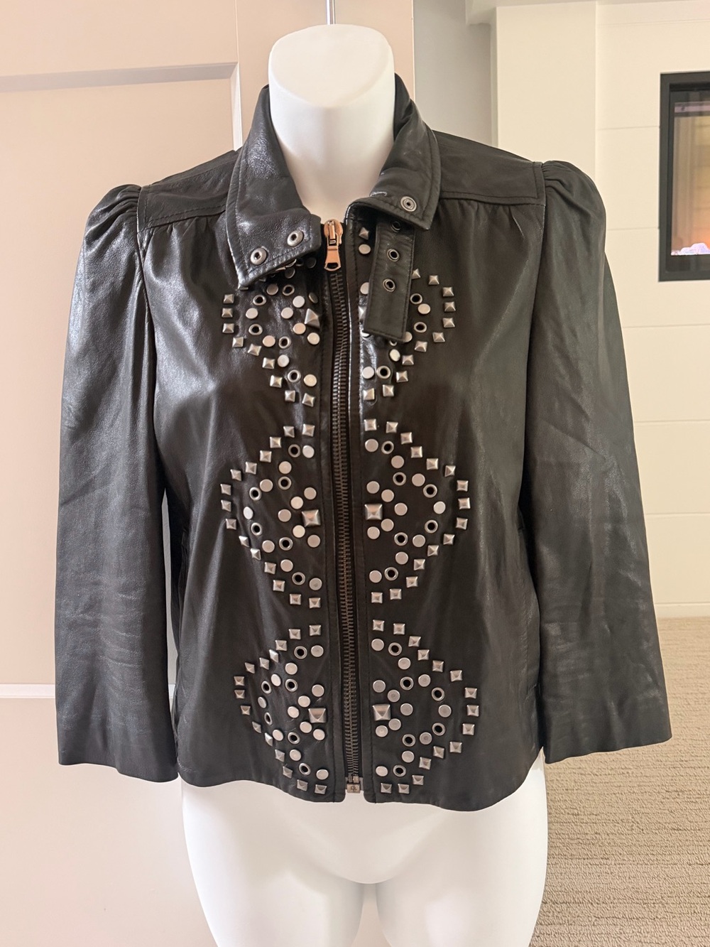 RED VALENTINO Gorgeous Studded Leather Puff Sleeve Pleated Bag Jacket S RARE!!
